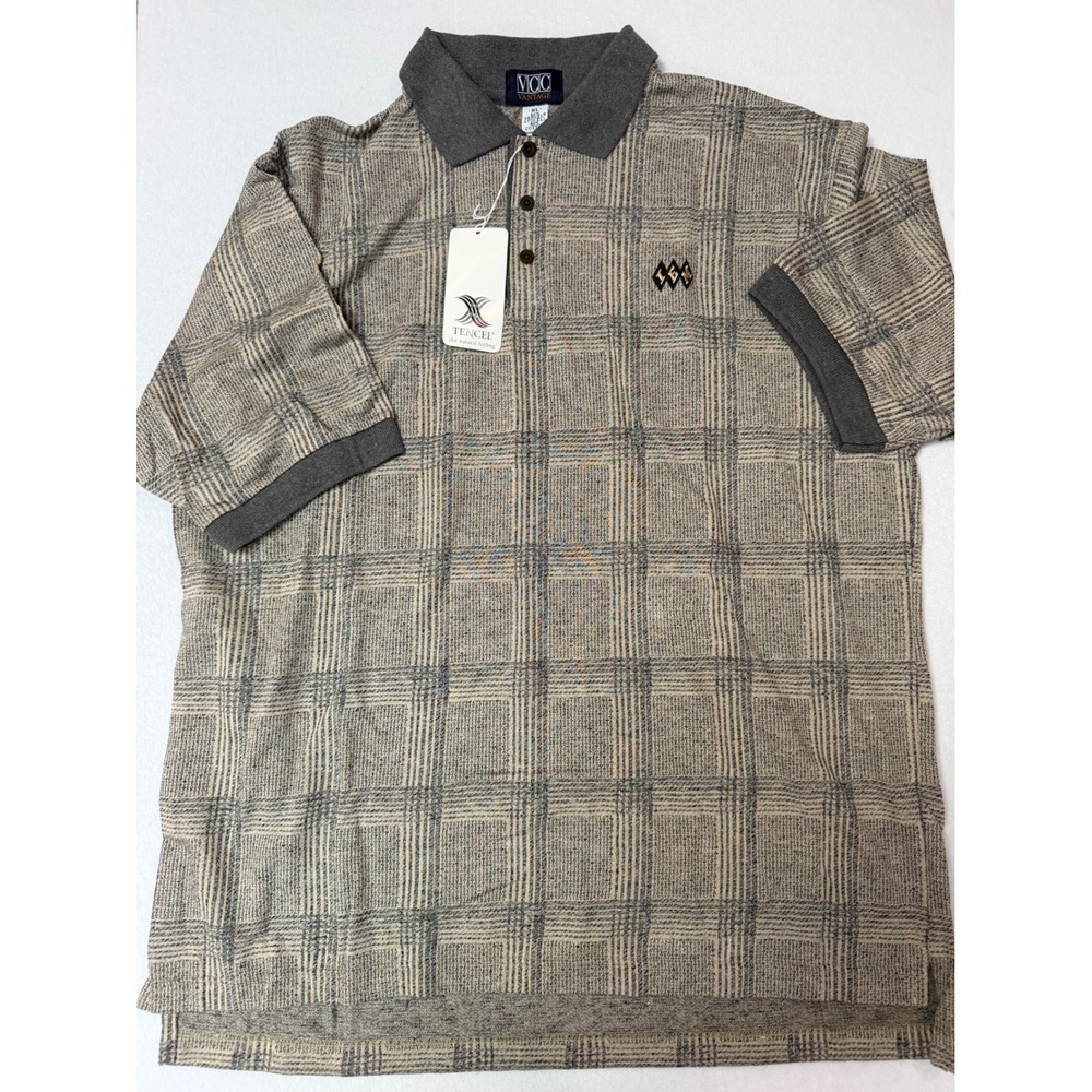 Vantage VCC Mens XL Tencel Cotton Glen Plaid Polo Shirt Khaki Made in USA 2180